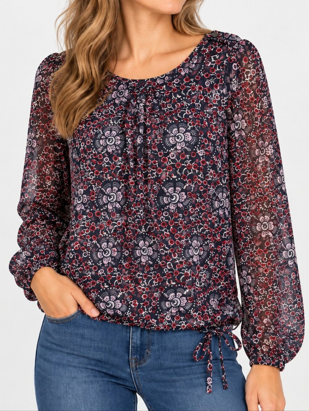 LOFT | Women’s Black Red Floral Semi-Sheer Blouse Size S